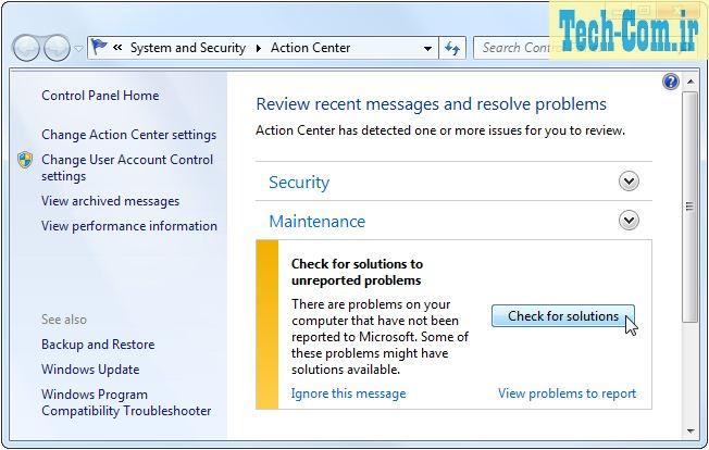 تصویر مربوط به بخش Security and Maintenance ویندوز
