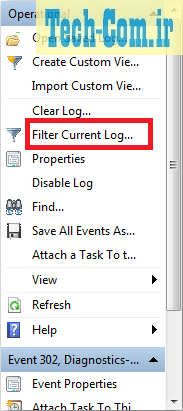 انتخاب گزینه فیلتر ابزار Event Viewer