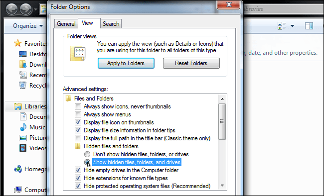 زدن تیک گزینه نمایش فایل‌ها و فولدرهای مخفی در ویندوز 7 