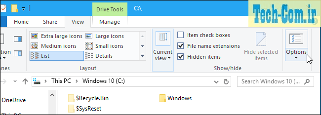 زدن گزینه Options در نوار ریبون File Explorer ویندوز 10 و 8  