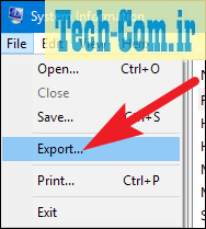 زدن گزینه Export از منوی فایل پنجره اطلاعات سیستم 