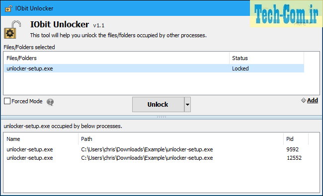 پنجره برنامه IObit Unlocker  را نشان می‌دهد.
