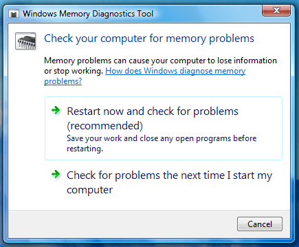 پنجره مربوط به ابزار Memory Diagnostics Tool