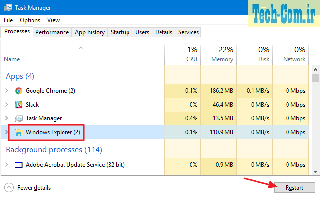 انتخاب Windows Explorer و زدن گزینه Restart 