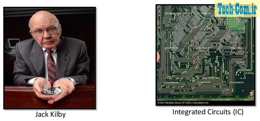 تصویری از جک کیلبی و تراشه رایانه‎ای که او طراحی و ساخته است
