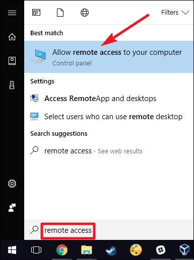 نشان دهنده گزینه Allow remote access to your computer در منوی استارت