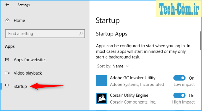 نشان دهنده گزینه Startup در پنل تنظیمات ویندوز 10