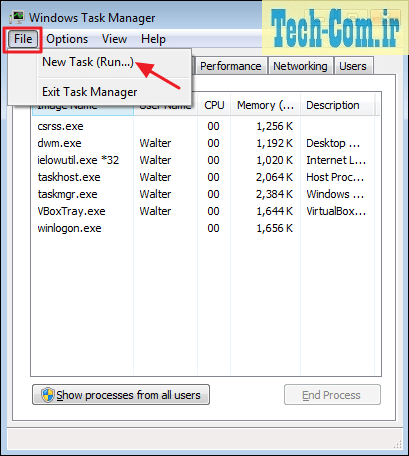 انتخاب گزینه New Task از منوی File در پنجره مدیریت وظایف ویندوز